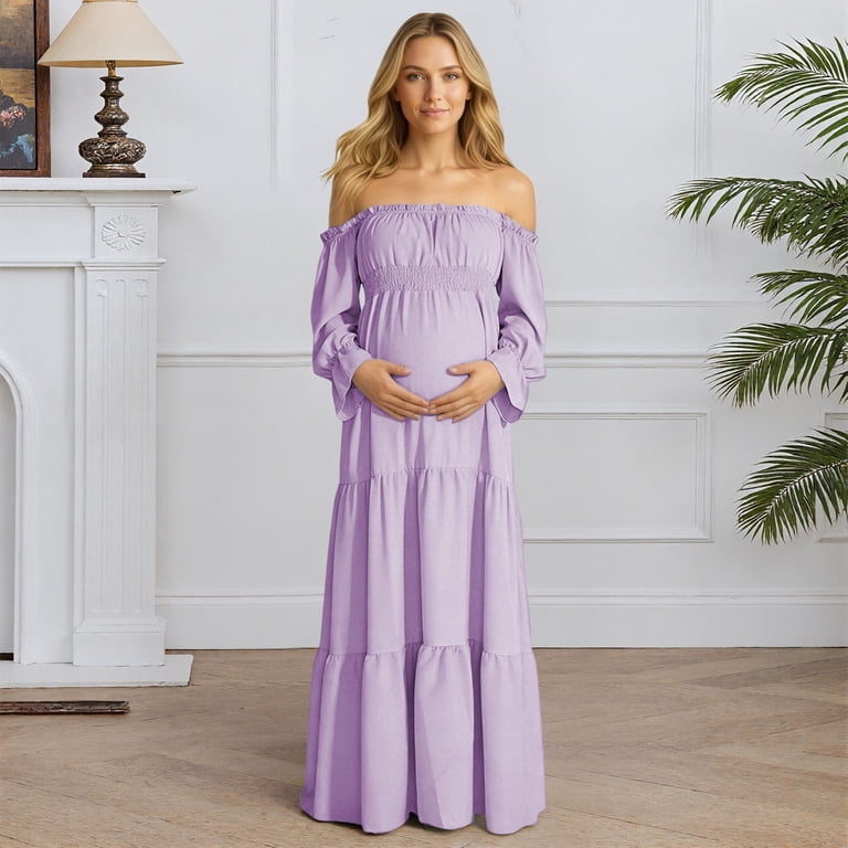 maternity tiered maxi dress Unir Women's Maternity 450g Stretch Spandex Gown, Off-The-Shoulder Ruffle Sleeve Tiered Maxi Dress, Flowy Boho Pregnancy Photography & Formal Long