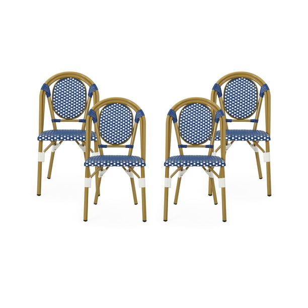 Drew Outdoor French Bistro Chairs, Set of 4, Blue, White, Bamboo Finish