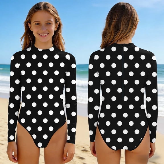 Girls Long Sleeve One-Piece Swimsuit 2-13 Years, Solid Color Summer Beach Swimwear Black B 3-4 Years