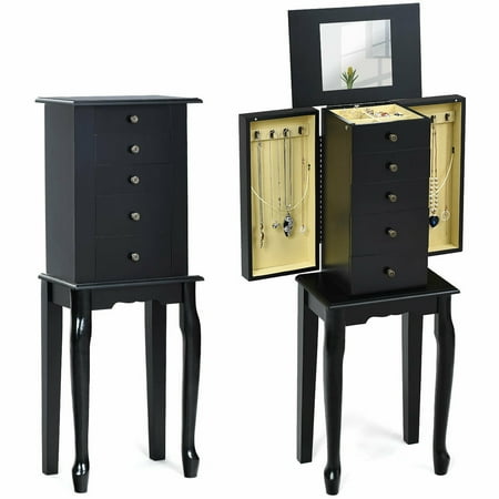 Standing Mirror Jewelry Costway Jewelry Cabinet Armoire Storage Box Chest Standing Organizer with Mirror White/ Black ()