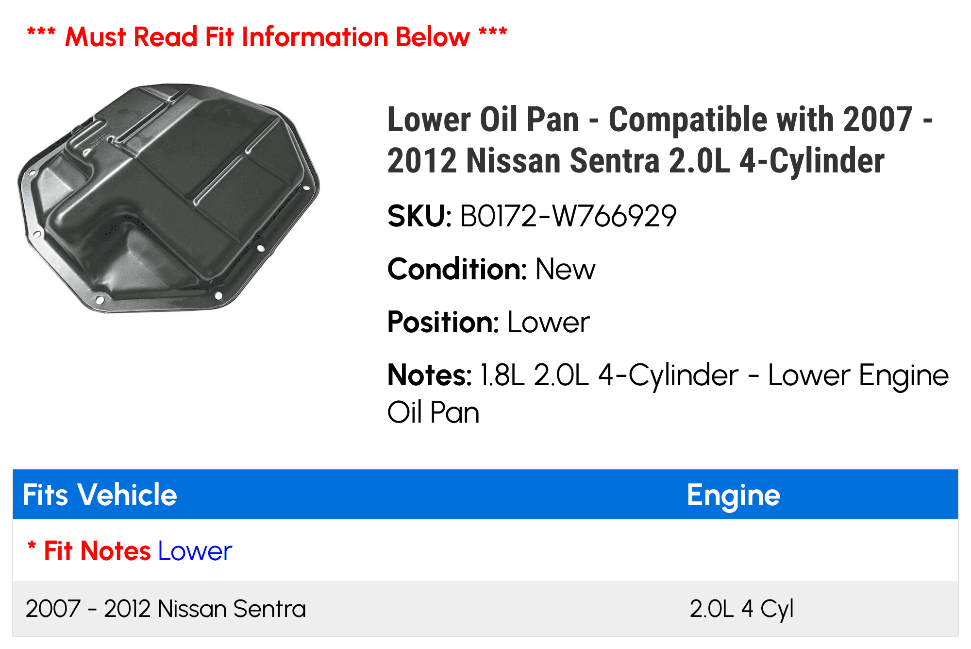 Lower Oil Pan - Compatible with 2007 - 2012 Nissan Sentra 2.0L 4-Cylinder - Replacement
