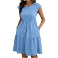 thumbnail image 4 of qolati Women Summer Dresses Crew Neck Cap Sleeve Midi Dresses Casual Ruffle Tiered Smocked Elastic Waist Flowy Sundress Beach Vacation Clothes with Pockets Light Blue M, 4 of 8