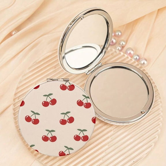 Cherry Pattern Folding Compact Face Mirror Circular-0291-g Round Cream