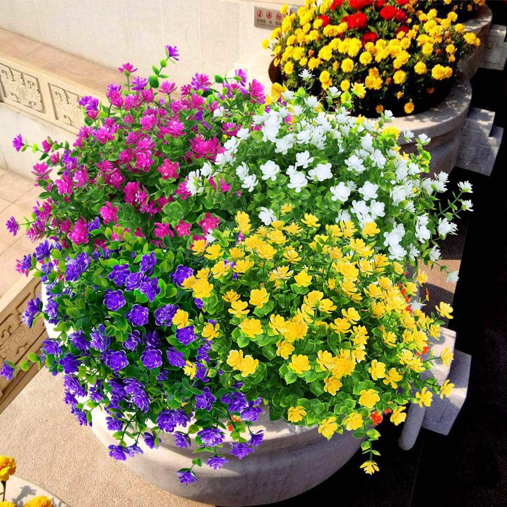 Outdoor Artificial Fake Flowers UV Resistant No Fade Boxwood Faux Plastic Shrubs Plants for Garden Patio Porch Window Box Home Wedding Farmhouse Hanging Décor