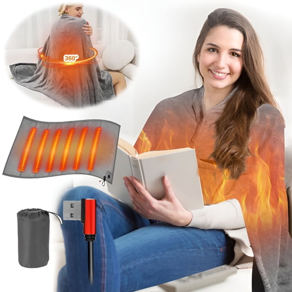 HIBIBUD Battery Operated Heated Blanket Electric Throw - USB Battery Power Heating Blanket for Home Outdoor Travel Camping Use in Winter