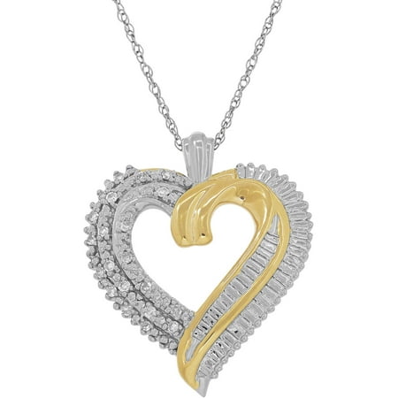 Diamond Open Heart Pendant - 1/10 CTTW Diamond Sterling Silver and 18K Yellow Gold-Plate Open Heart Pendant, 18