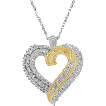 1/10 CTTW Diamond Sterling Silver and 18K Yellow Gold-Plate Open Heart Pendant, 18