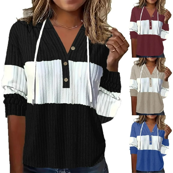 Nfurl Womens Ribbed Knit Pullover with Hooded Soft Long Sleeve Colorblock Hoodies Button Up Hood Sweatshirts Ladies Fall Tops Blue XXL