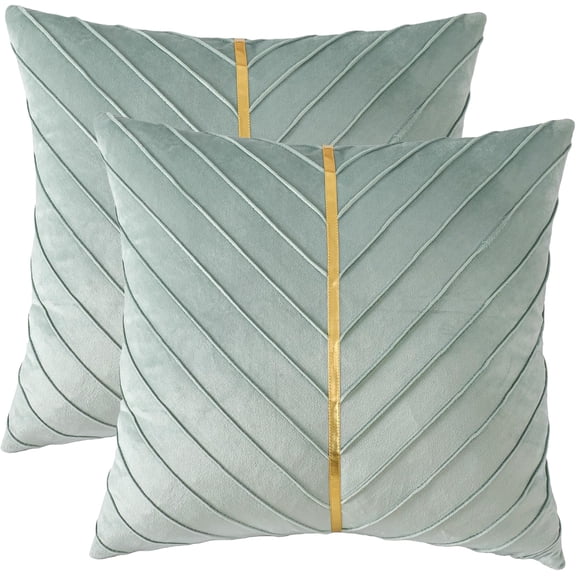 Tosleo Mint Green Velvet Throw Pillow Covers 16x16 Pack of 2 with Gold Leather Emerald Green Decorative Couch Pillowcases Luxury Modern Pillow Cases Spring Home Decor for Sofa Bed Living Room