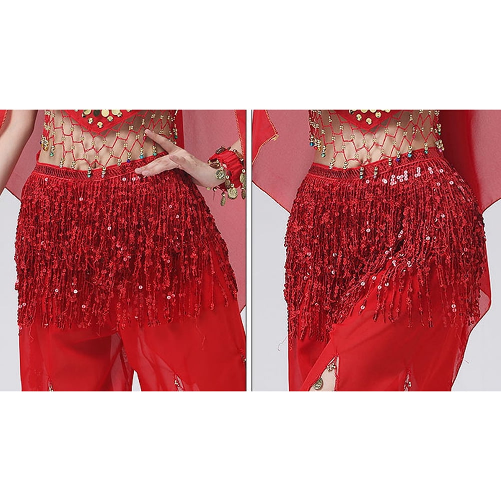 Kaerm Womens Belly Dance Outfit Sequined Long Sleeve Chiffon Tops With Layered Skirt And Hip Scarf Light Blue M