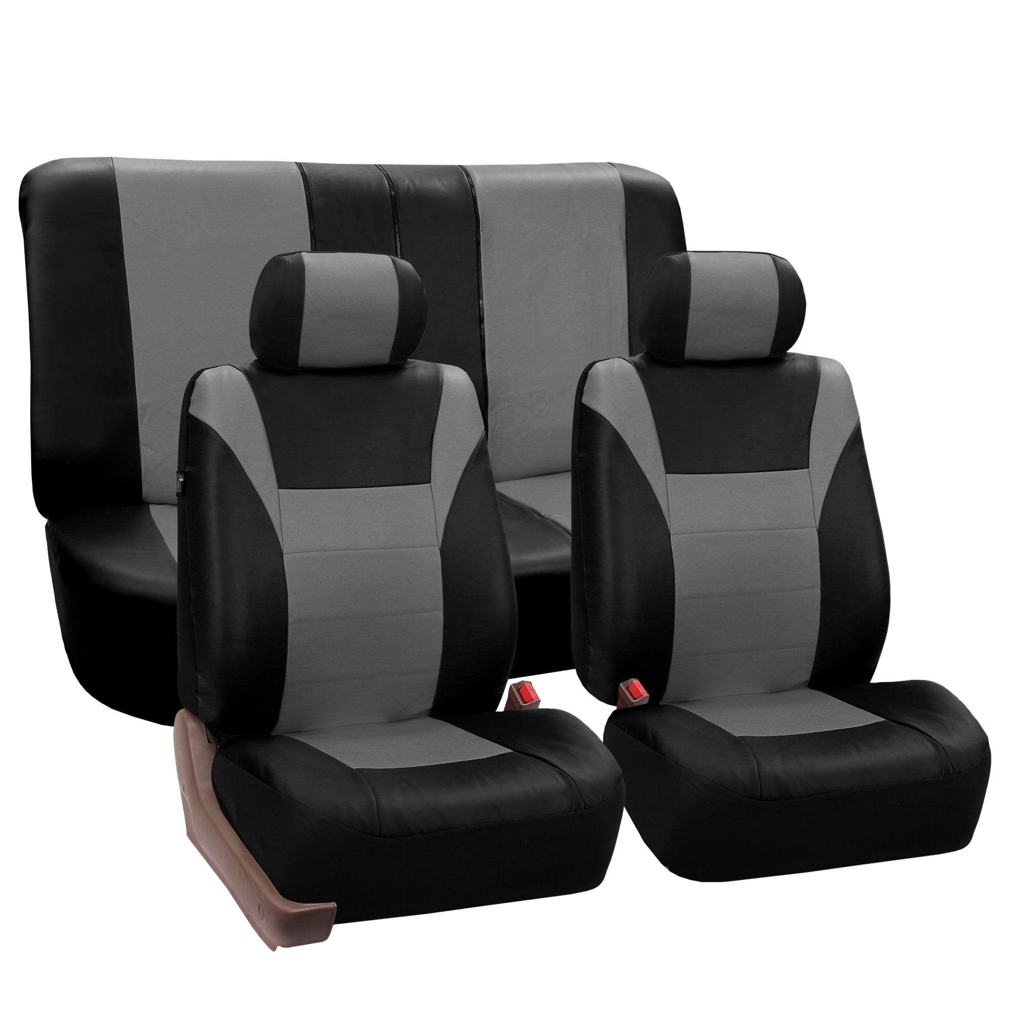 FH Group Gray Black Racing Faux Leather Airbag Compatible Split Bench Car 2 Headrest Seat Covers