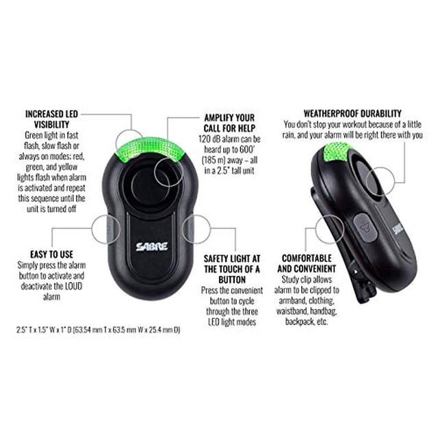 Alarma personal SABRE clip-on con luz de seguridad LED, alarma de 120d