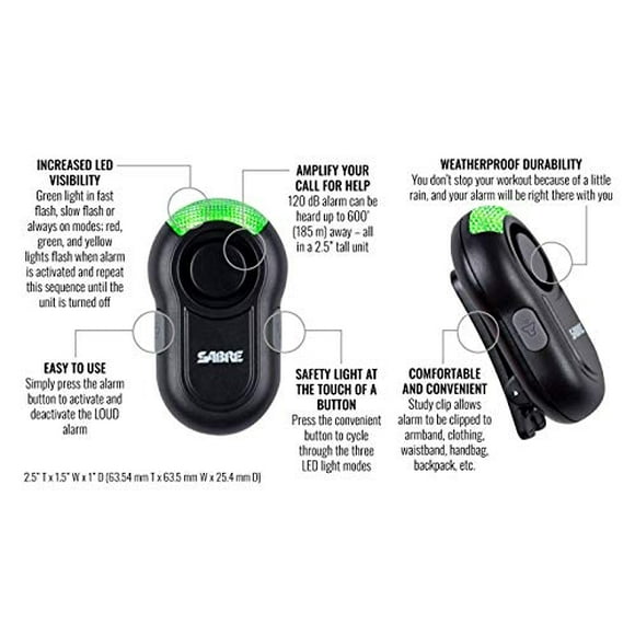 Alarma personal SABRE clip-on con luz de seguridad LED, alarma de 120d