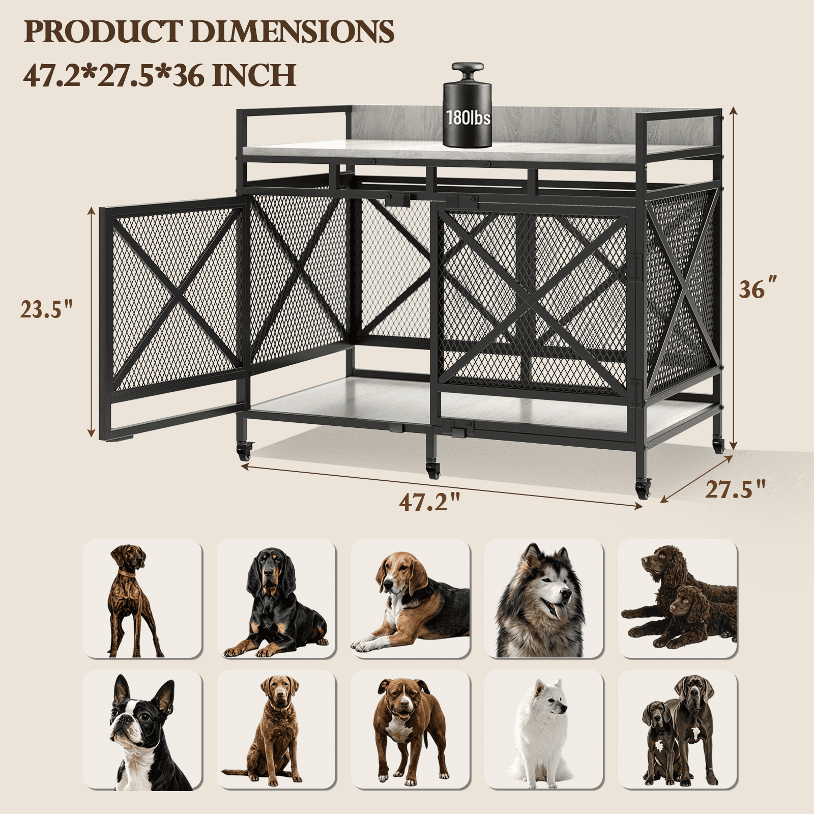 Fowroa 48" Dog Crate with Wheels Dog Crate Furniture for Large Dogs up to 90 lbs, Waterproof Top, Gray