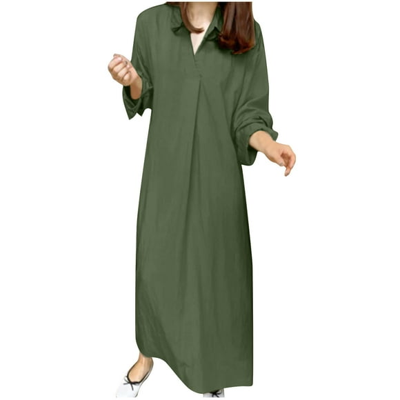 AherBiu Plus Size Dresses for Women Cotton Linen Business Casual Long Sleeve Lapel V Neck Shirt Maxi Dress