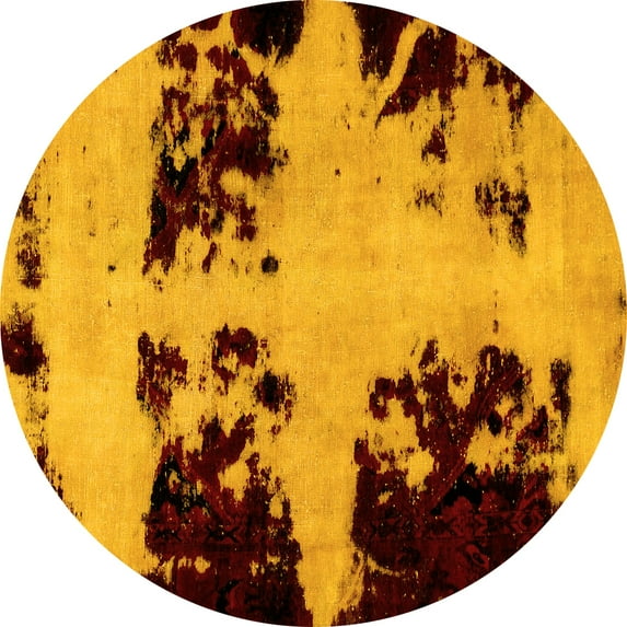 Ahgly Company Machine Washable Indoor Round Abstract Yellow Modern Area Rugs, 8' Round