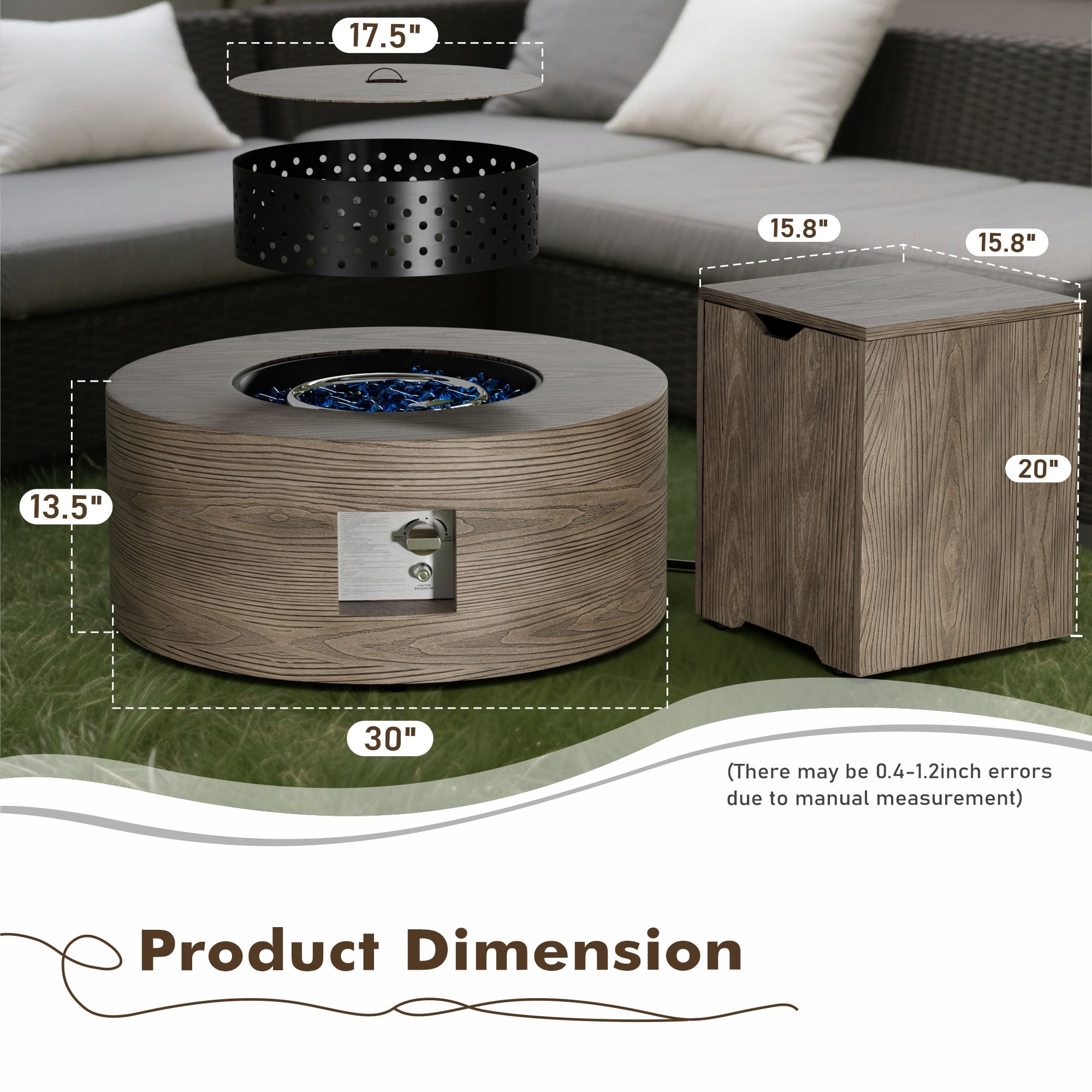 30 in. Round Coating Steel Propane Firepit Table, 50,000 BTU Outdoor Fire Pit Table in Dark brown Wood Grain
