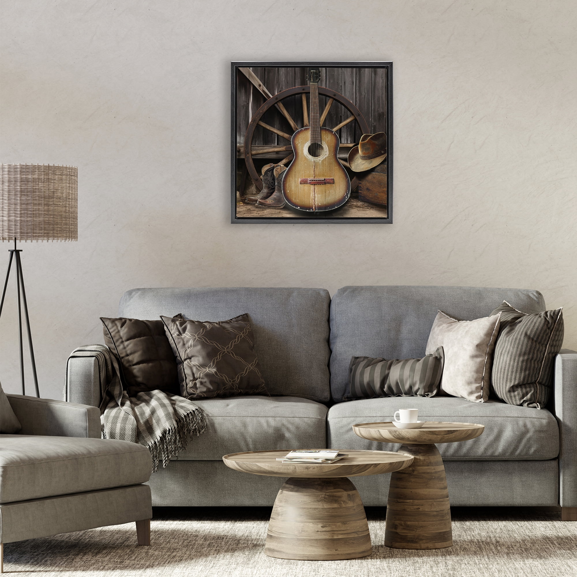 Stupell Industries Rustic Western Guitar with Hat Black Framed Floater Canvas Wall Art, design by CAD Designs