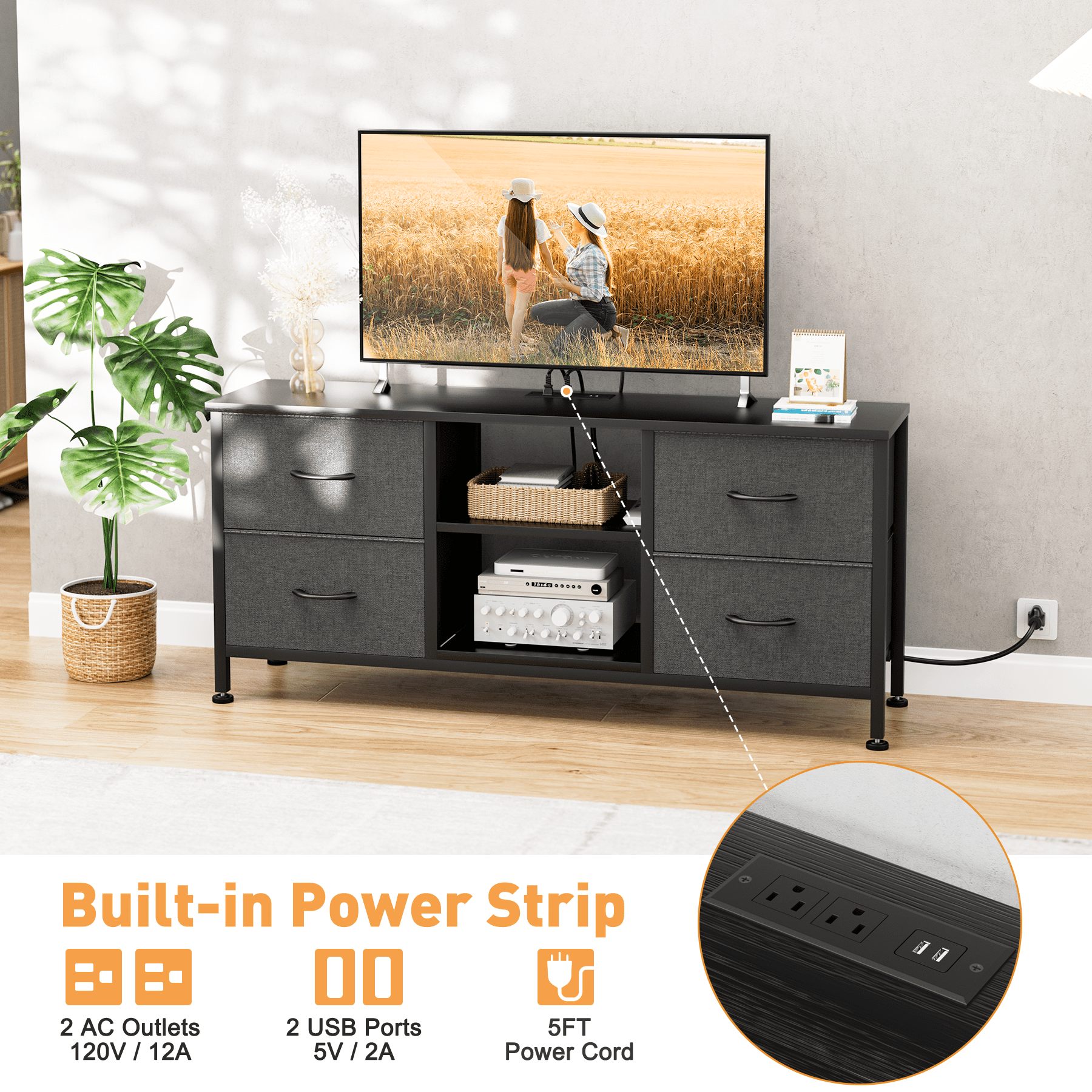 TV Stand for Bedroom, Television Stand for TV up to 50 Inch Entertainment Center Dresser with 4 Drawers Open Storage Shelves for Living Room, Entryway