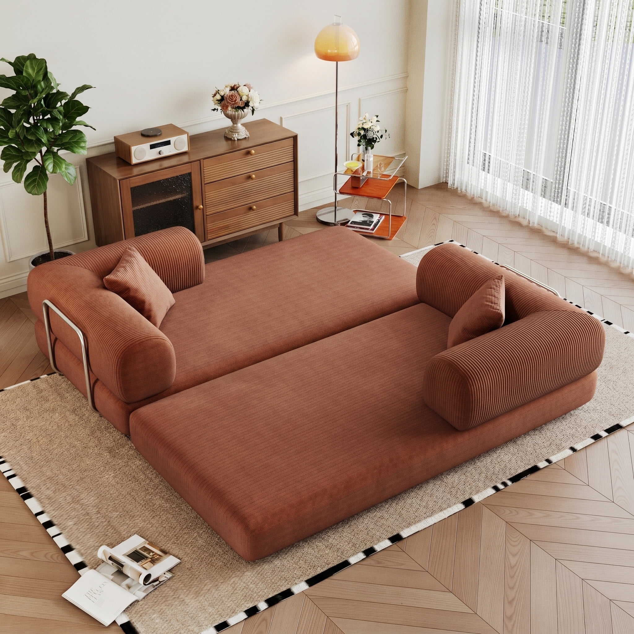 AISWORD Convertible Sleeper Sofa Bed with Cylindrical Pillow, Corduroy Folding Mattress Couch with Fixed-Shape Frame, Floor Sofa Lounge Couch, Brown