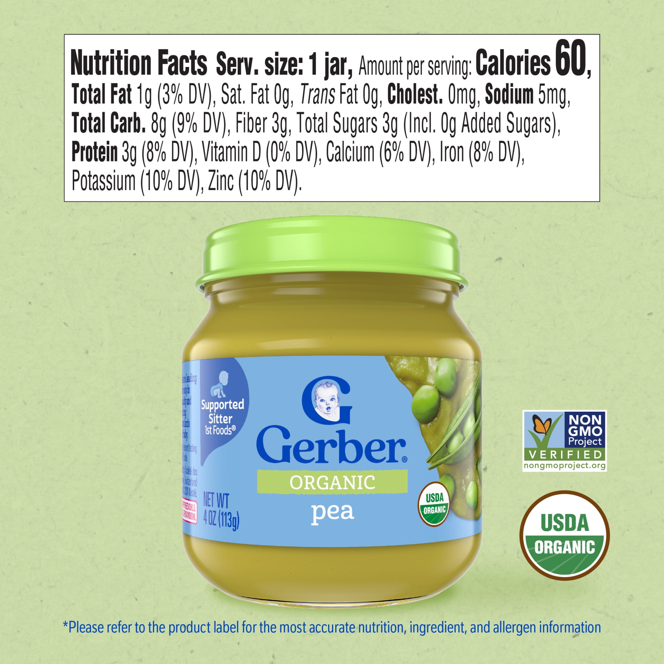 (12 pack) Gerber Organic Stage 1 Baby Food Puree, Pea, 4 oz Jar