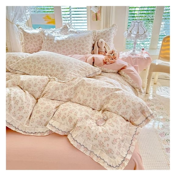 Shabby Chic Floral Duvet Cover Set Queen, 100% Cotton Cottagecore Bedding with Double Ruffle Lace Trim, Reversible Pink Rose Flower Vintage Farmhouse Comforter Cover with Zipper & Corner Ties
