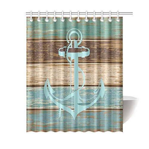 MYPOP Anchor Shower Curtain, Boat Anchor Nautical Blue Rustic Wooden