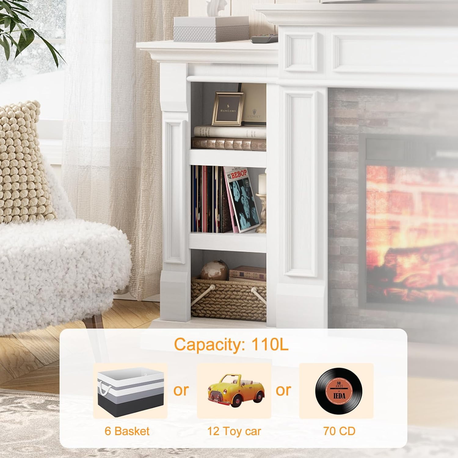 70" White Fireplace Mantel with 23" Electric Fireplace and Bookshelves, Wooden Storage Freestanding Heater with Remote Control