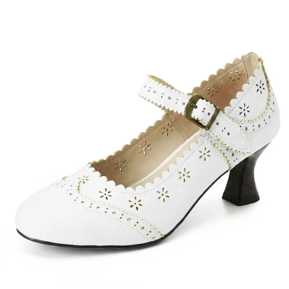 SACFOF Women's Comfortable Mary Jane Pumps Vintage Cutout Closed Toe Kitten Heels for Dressy Office Work