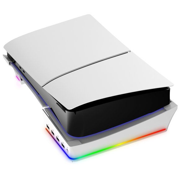 Horizontal Stand with RGB Light for PS5 Slim, Laydown Base Holder for PS5 Slim Disc/Digital Edition with 14 Colorful Light & 4 USB Port, Stable Bracket Accessories