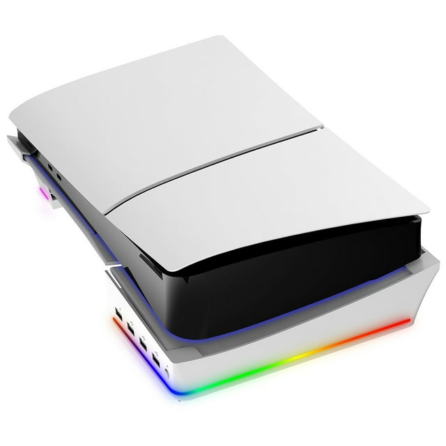 Support Horizontal avec Lumière RVB pour PS5 Slim, Base de Dépliage pour PS5 Slim Édition Disque/numérique avec 14 Lumières Colorées et 4 Ports USB, Accessoires de Support Stables