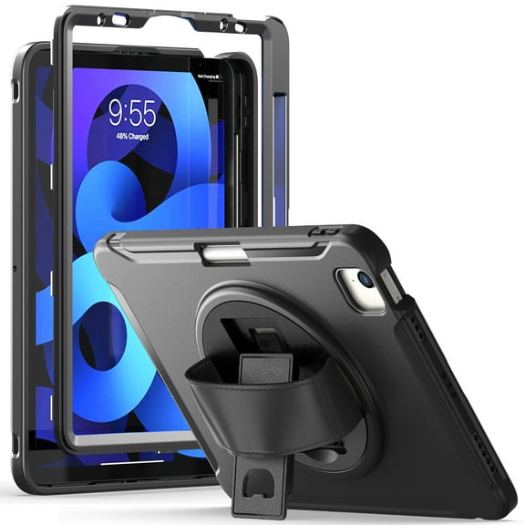 Dteck Case for iPad Air 11 Inch 2024 / iPad Air 5th 4th Gen 10.9" / iPad Pro 11 (2022/2020/2018) with Pencil Holder,Heavy Duty Silicone Hybrid Rugged Case with Rotating Stand Hand Strap,Black