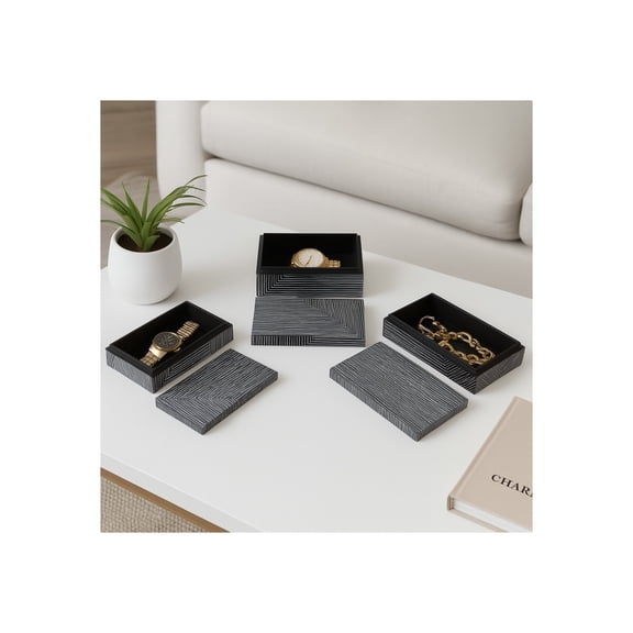 Decorative Striped Boxes with Lid for Home Decor - Stylish Decor Box for Console Table, Jewelry Storage, or Bedroom Decor - Minimalist Home Organizer for Office Decor - Set of 3, 4", 3", 3", Blue