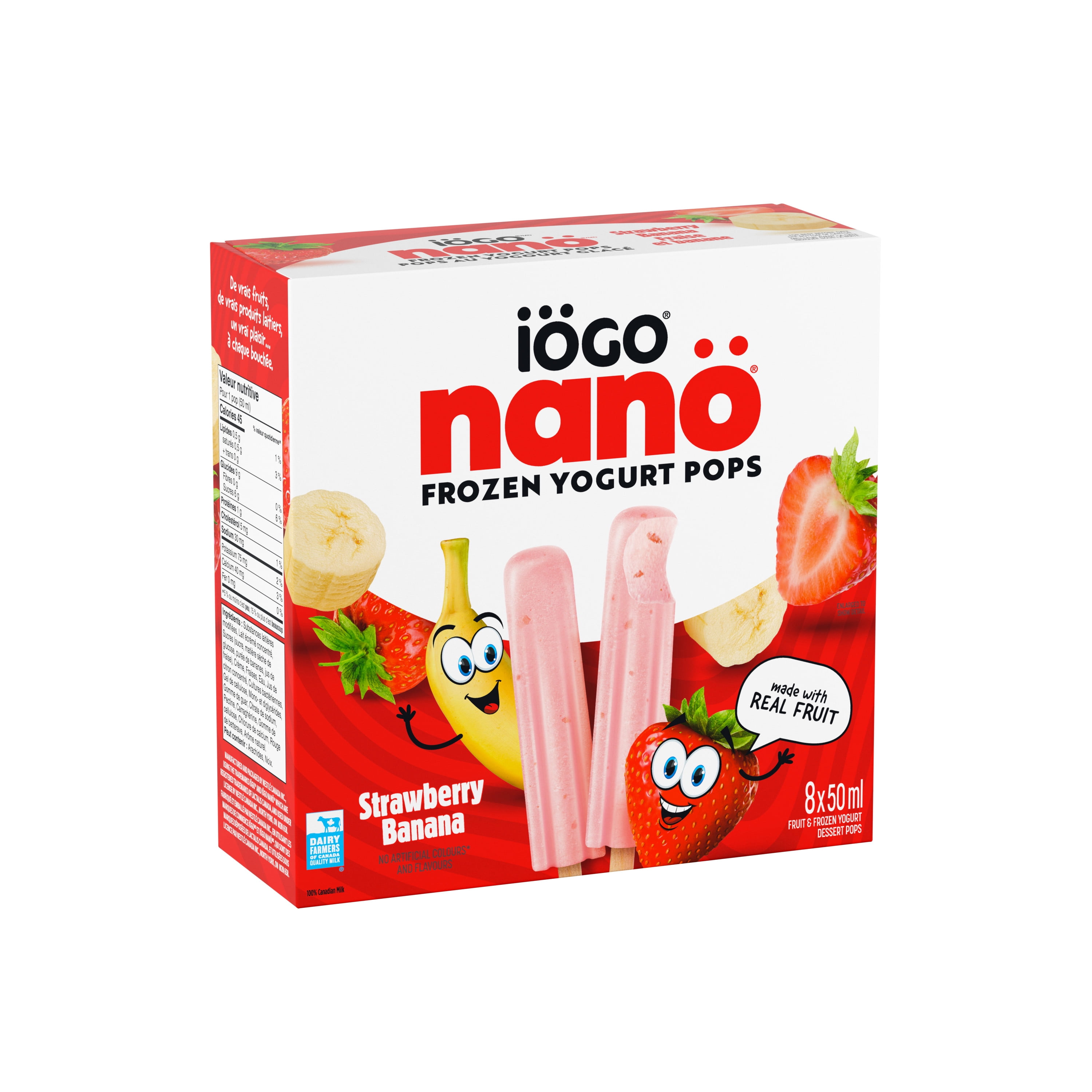IÖGO Nano Frozen Yogurt Pops, Strawberry Banana, Real Fruit, 45 Calories Per Pop, 8 x 50 ml