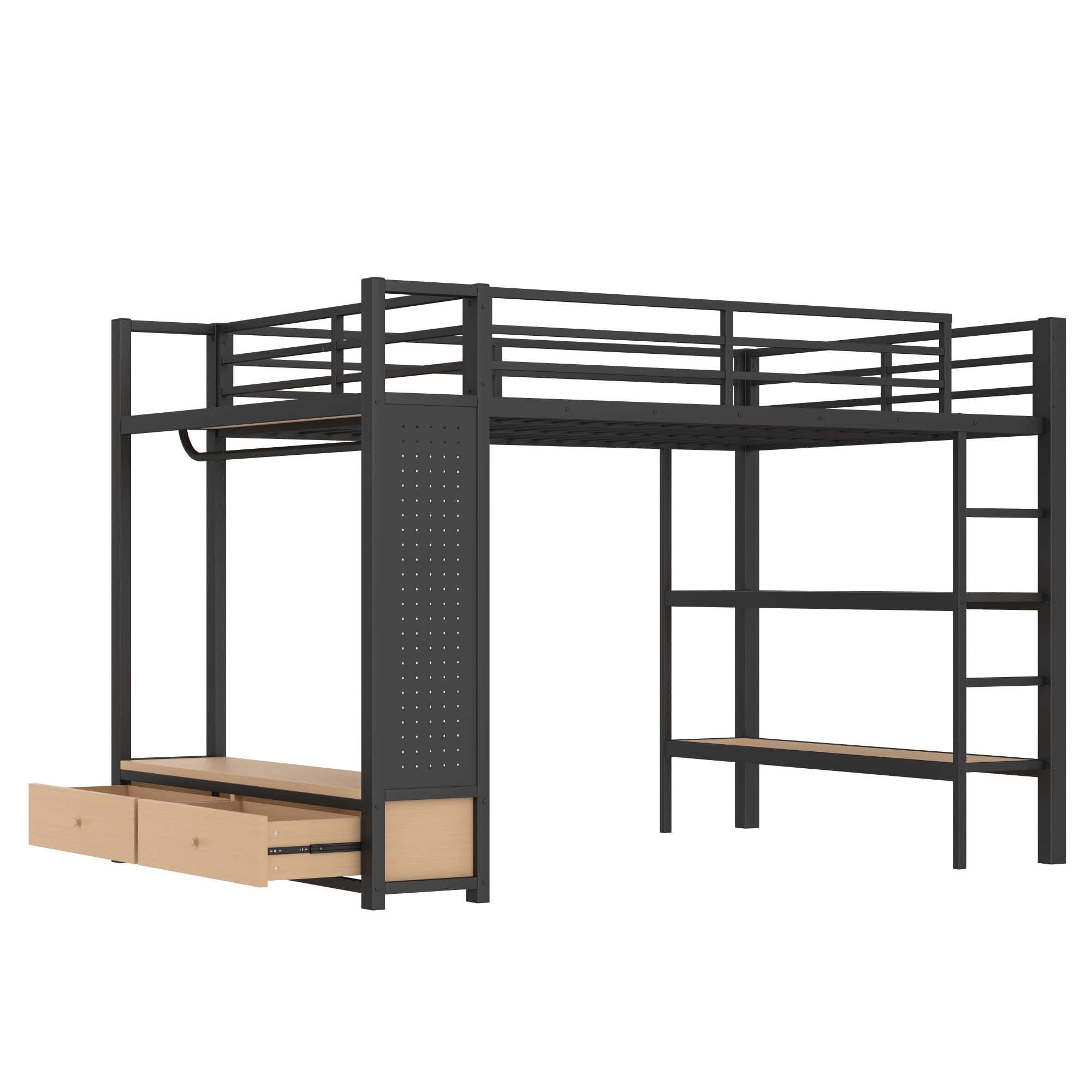 Leumius Queen Size Loft Bed with Built-in Wardrobe,Heavy Duty Metal Loft Bed with Storage Shelves and Pegboard,Space-Saving,Black