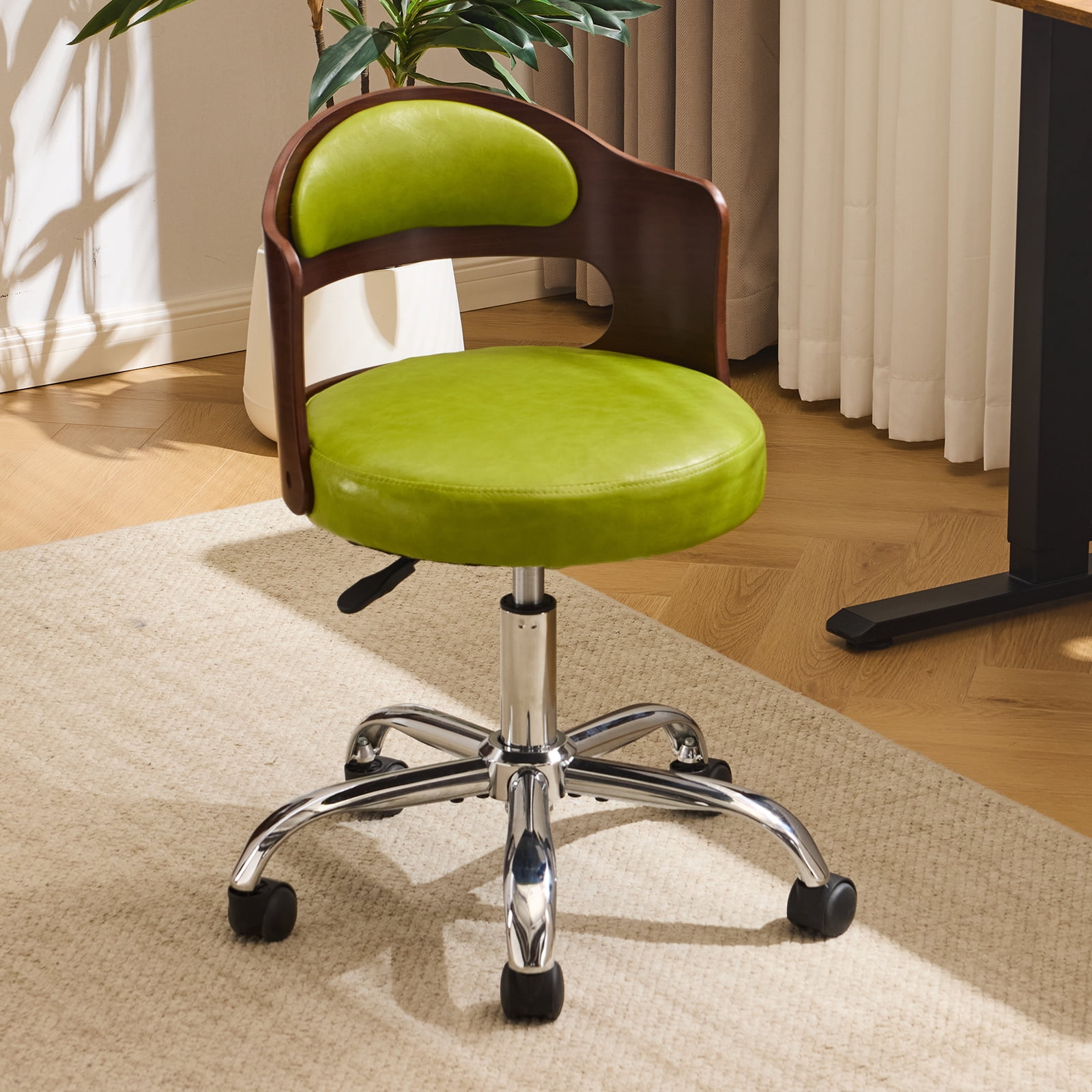 Ktaxon Office Computer Desk Chair with Rolling Wheels, Vanity Stool with Faux Leather Seat, Adjustable Task Chair for Study Make-up Dressing Green