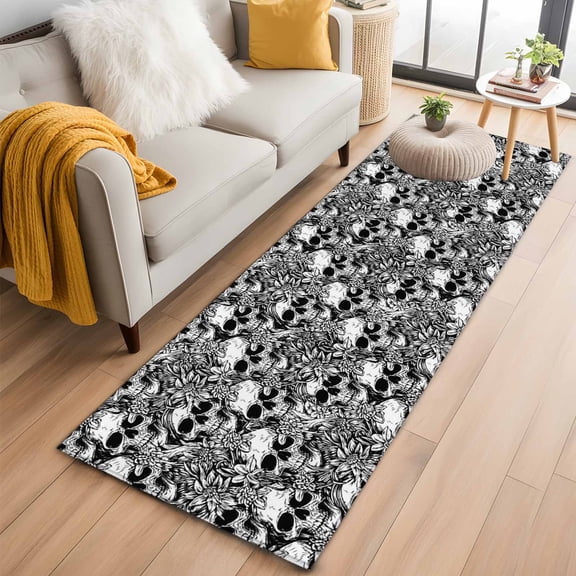 Runner Rug 2 x 6 Ft, Halloween Washable Non-Slip Floor Mat for Kitchen Hallway/Entryway, Black Grey Skull Skeletons Flowers Long Kitchen Runner Area Rugs for Living Room, Low-Profile