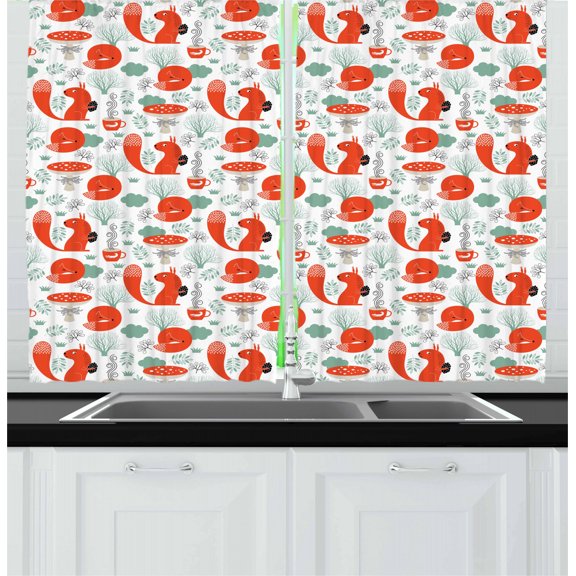 Ambesonne Fox Kitchen Curtains, Forest Animals and Foliage, 55"x39", Dark Coral Almond Green