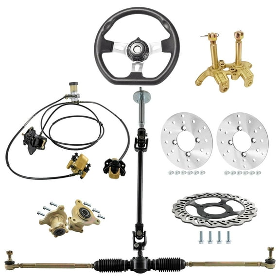 Front Steering Wheel Tie Rod Kit Gear Rack Pinion Shaft & 3 Lug Wheel Hub Steering Knuckle & Twin Brake Caliper Disc Rotor DIY Parts for Go Kart Go Cart Golf Cart ATV Quad Buggy 4 Wheeler