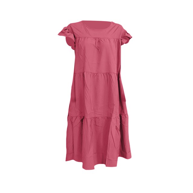 Faithtur Robe Mi-Longue Ample pour Femmes, Style Décontracté d'Été, Couleur Unie, Col Rond, Manches Volantes, Jupe Froncée