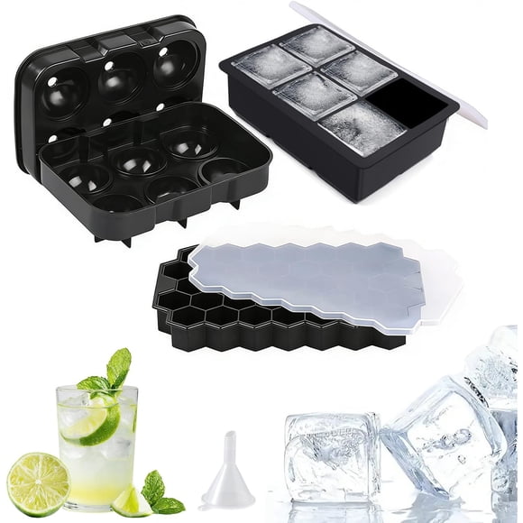 3PCS Bandejas de Cubitos de Hielo, Moldes Grandes de Silicona con Tapas Extraíbles Antigoteo, Incluye embudos, sin BPA Ideales para Bebidas Heladas de Frutas