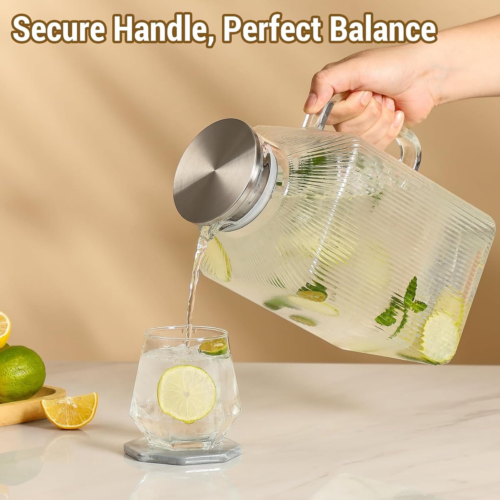 HQinX 1 Gallon Square Glass Pitcher with Lid, Thickened Borosilicate Glass Carafe for Fridge, Large Jug with Handle for Hot/Cold Brew Drink