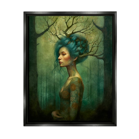Stupell Industries Woman in Woodland Scene Fairy Tales & Fantasy Painting Black Floater Framed Art Print Wall Art, 17 x 21