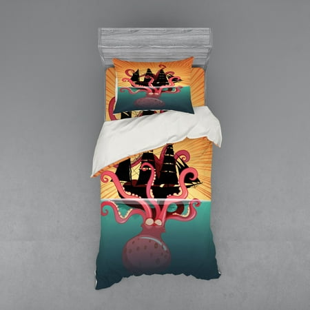 Kraken Duvet Cover Set Coral Sea Monster Sinking The Boat Retro