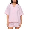 thumbnail image 2 of Yunliwuli Women's 2 Piece Lounge Set, Lapel Neck Short Sleeve Button Down Striped Tops + Elastic Waist Shorts Pajama Outfits for Summer, 2 of 9