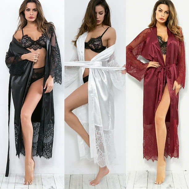 Floral Satin Nightgown Robe Sets Women Slip Dress Built-in Bra Pads  Nightwear Lingerie Long Sleeve Robe Sleepwear (Color : A, Size : S Code) (A  S code) : : Fashion