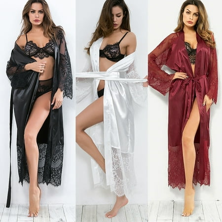 

Women s Sexy Satin Lace Sleepwear Robes Kimono Female Spring Autumn Babydoll Lingerie Nightwear Lace Soft Bathrobe Plus Size