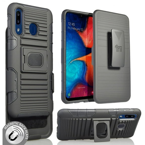 Case with Clip for Galaxy A20, Nakedcellphone Black Rugged Cover [with Finger Grip Stand]   [Built-In Mounting Plate]   [Belt Hip Holster] for Samsung Galaxy A20 (SM-A205) and Galaxy A30 (SM-A305)