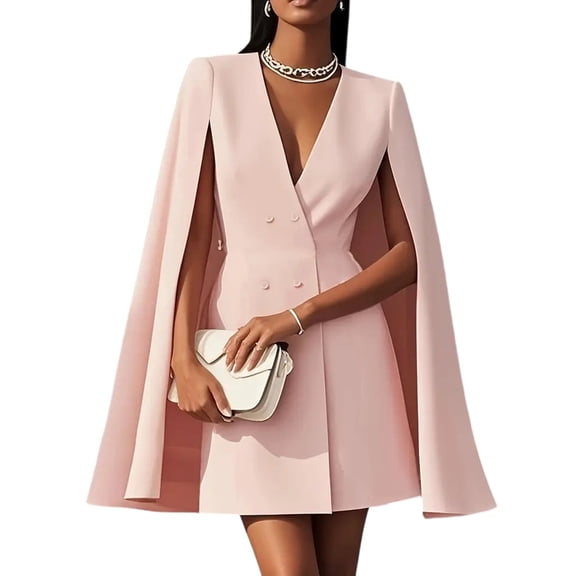 Quixlent Blazer Dress for Women V Neck Cape Blazer Split Sleeve Casual Business Mini Dress Double Breasted Office Work Outfits