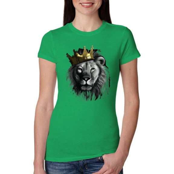 Wild Bobby, King Lion with Gold Crown Art, Animal Lover, Women Slim Fit Junior Tee, Kelly, X-Large